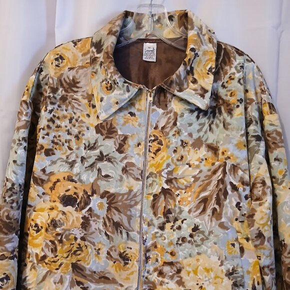 Nwt Floral Roses Twill Denim Full zip up Jacket Coat womens M Mint Brown Mustard - Picture 3 of 12